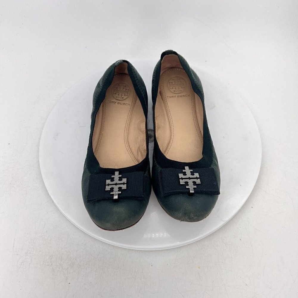 Tory Burch Women Size 7M Green Leather Bow Slip On Elastic Ballet Flat Shoes